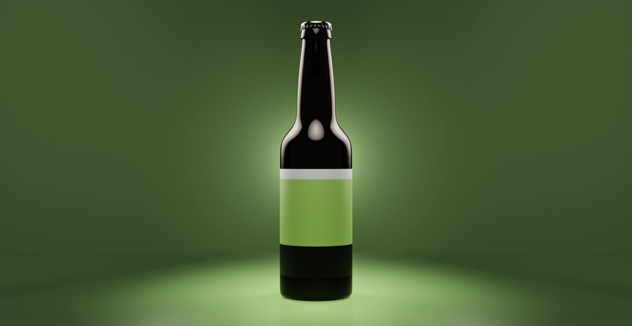 Render CGI de una botella de cerveza iluminada por un foco sobre fondo verde