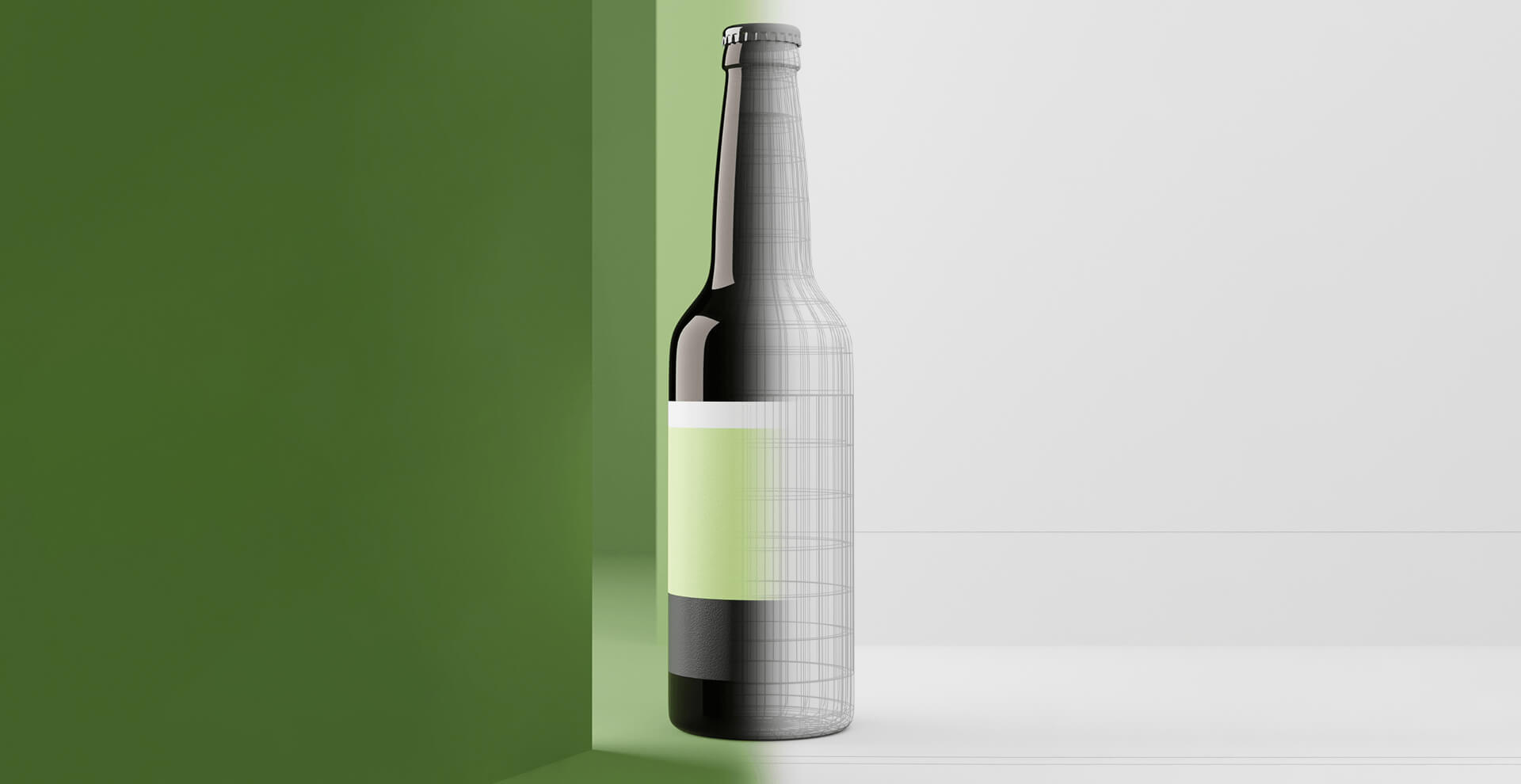 Render CGI de una botella de cerveza sobre fondo verde y blanco
