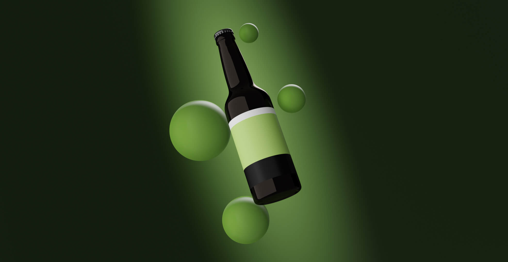 Render CGI de una botella de cerveza flotando entre esferas verdes