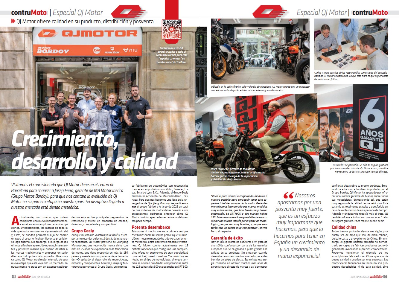 Doble página 46-47 del Especial QJ Motor en la revista Mototaller nº 319, con fotografías del concesionario de Barcelona