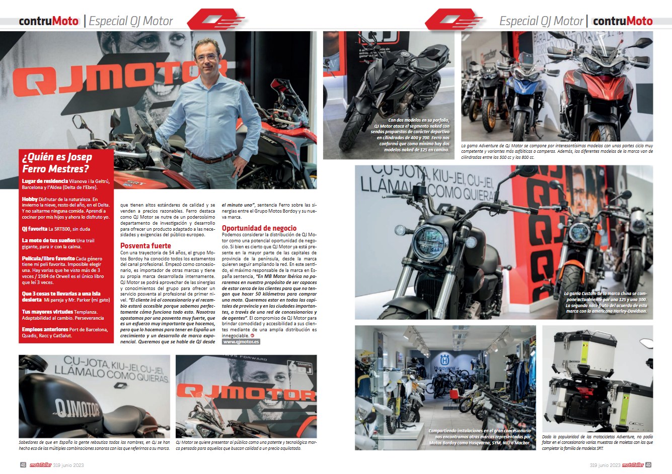 Doble página 48-49 del Especial QJ Motor en la revista Mototaller nº 319, con el retrato de Josep Ferro y la gama de motos QJ Motor